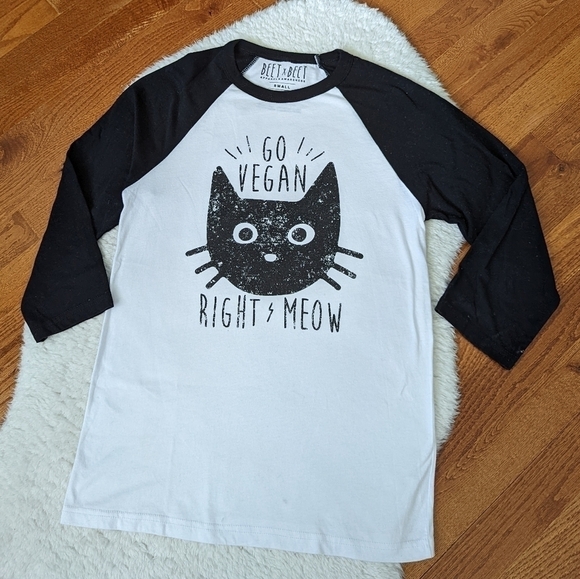 BEET X BEET go vegan right meow kitty cat ringer t-shirt small - Picture 2 of 5